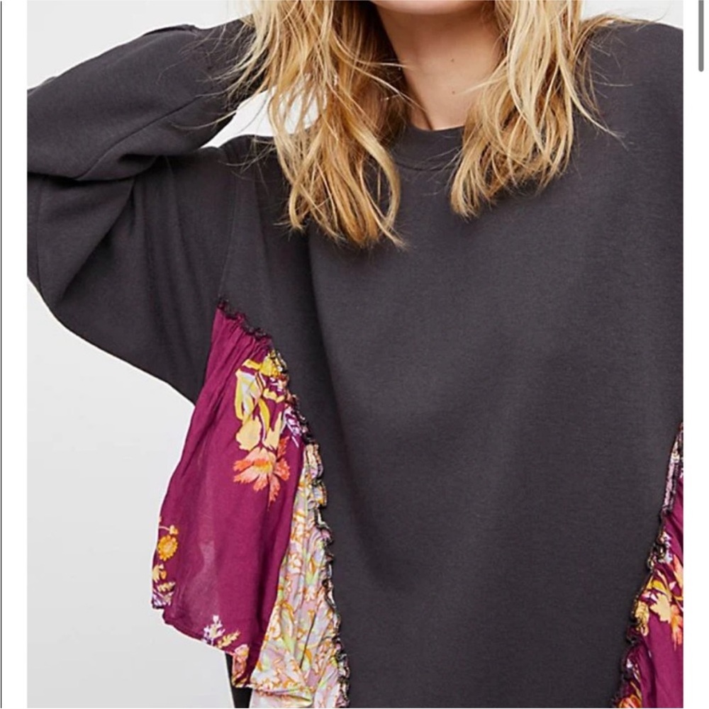 Free People Charcoal Gray Sweater with Magenta Floral Panels